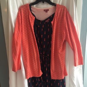 Navy sundress with orange cardigan